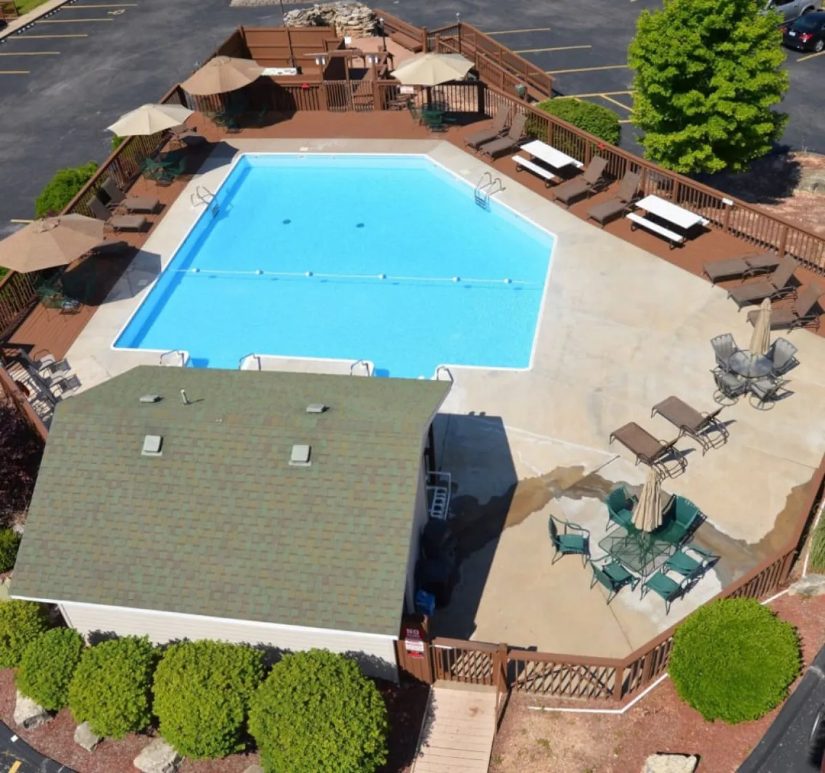A sparkling outdoor swimming pool surrounded by lounge chairs, umbrellas, and green landscaping. Guests can be seen enjoying the water, relaxing in the sun, and gathering poolside, suggesting a vibrant yet relaxed atmosphere.